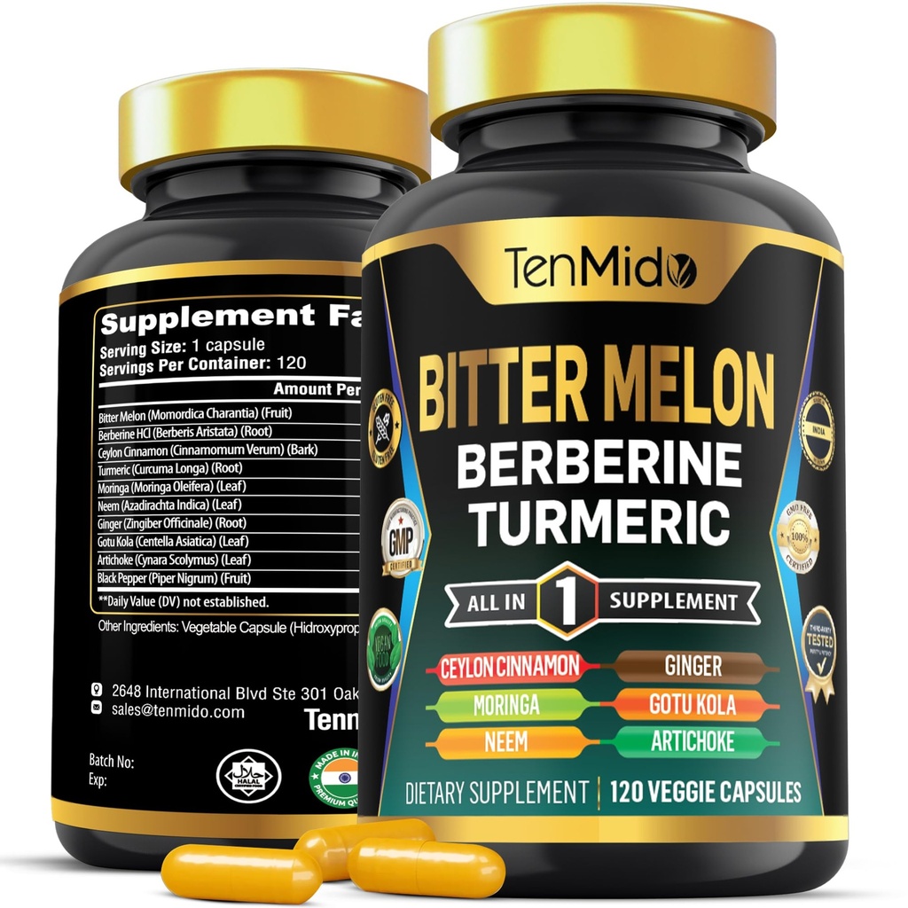 ビターメロンカプセル - 10in1フォーミュラ - Berberine、Ceylon Cinnamon、Turmeric、Moringa、Neem、ジンジャー、Gotu Kola、アーティチョーク、ブラックペッパーと組み合わせる - 4ヶ月の供給のための120カプセル