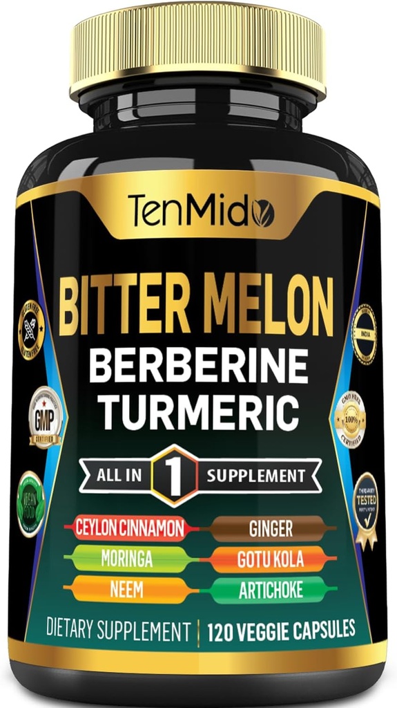 Bitter Melon Capsules - 10in1 Formula - Combine with Berberine, Ceylon Cinnamon, Turmeric, Moringa, Neem, Ginger, Gotu Kola, Artichoke, and Black Pepper - 120 Capsules for 4 Months Supply