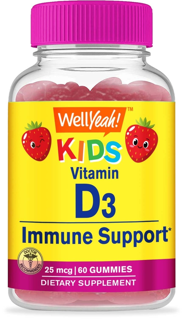 WellYeahキッズビタミンD3グミー - 1000 IU(25 mcg) - 骨の強度と免疫をサポート - 非GMO、グルテンフリー - イチゴ風味 - 栄養補助食品 - 60 サービング