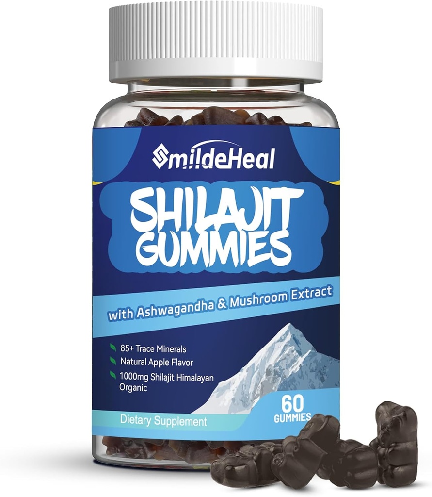シラジット・グミ1000 MG、有機シラジットの補足、アシュワガンダ、マッシュルーム - エネルギー、脳、免疫サポート、男性と女性のための - 60 カウント