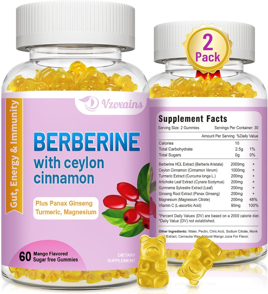 Berberine with Ceylon Cinnamon Gummies, High Potency Berberine HCI Supplement, Immune Health Support, 120 Mango Flavored Gummies