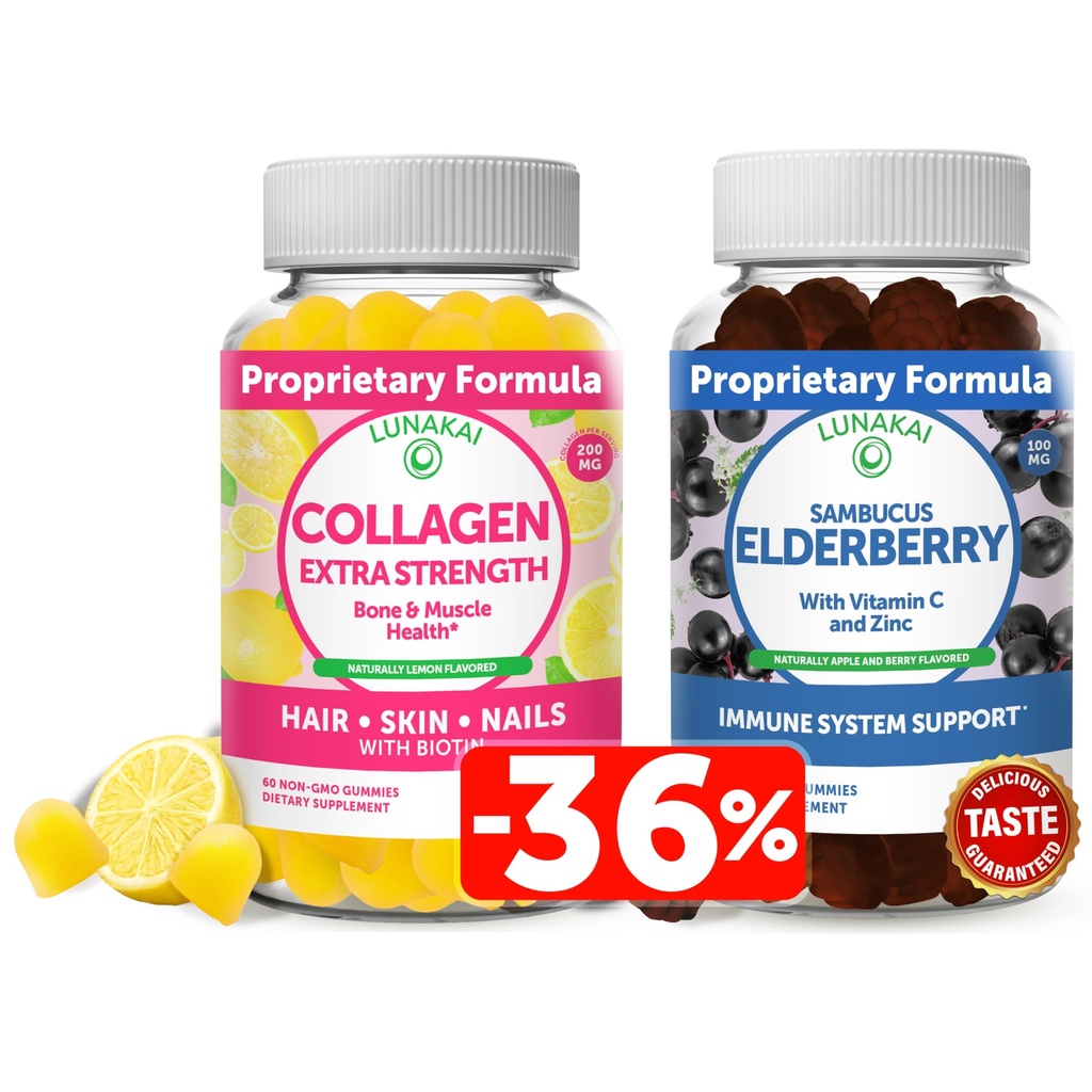 Lunakai CollagenとElderberry Gummiesバンドル - 男性と女性のためのアンチエイジングサプリメント - 大人と子供のための免疫サポート - ビーガン、非GMO、トウモロコシシロップ、ゼラチンフリー、すべてのナチュラルブラックサムブカス