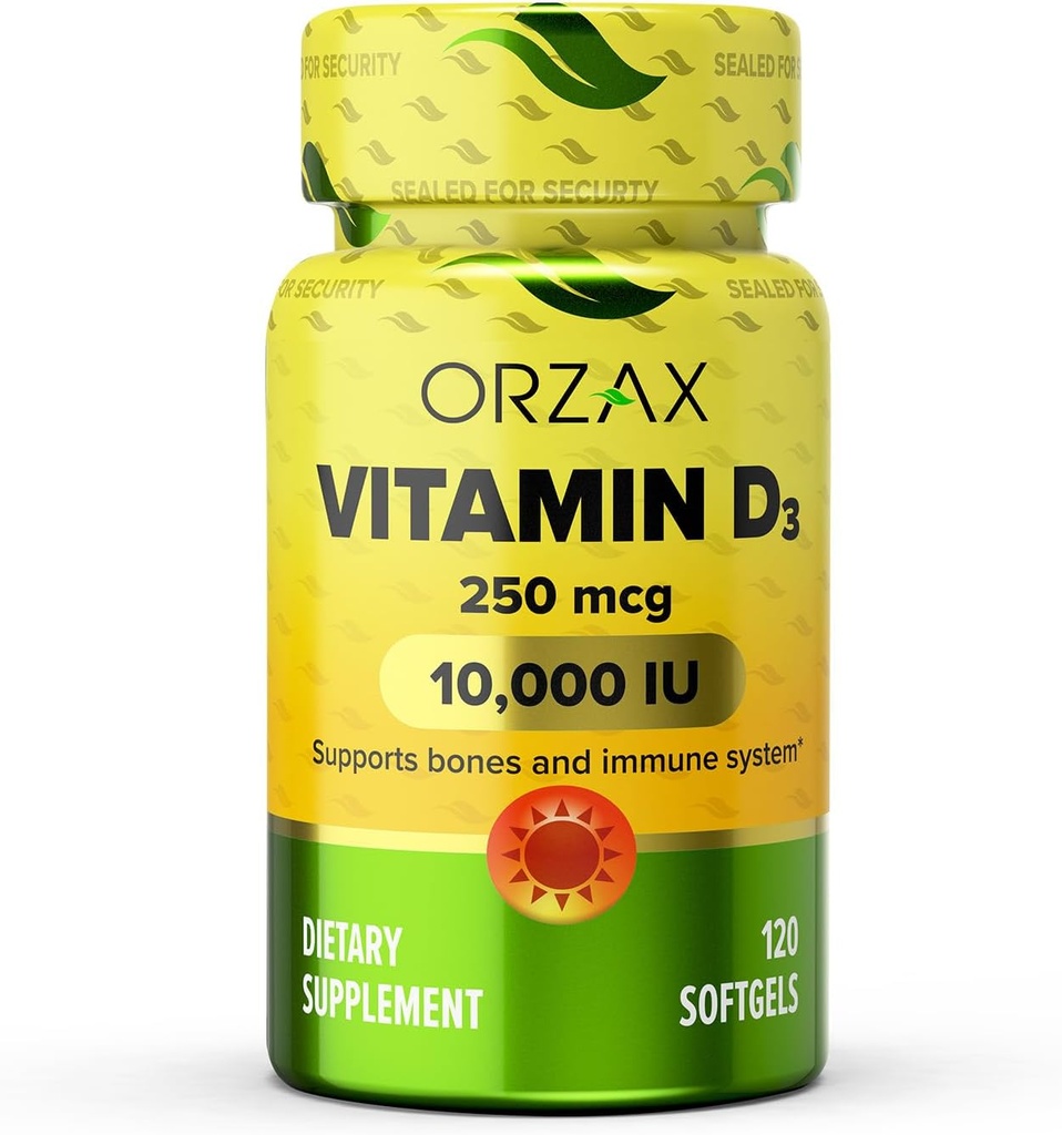 ORZAXビタミンD3 10000 iu(250 mcg) - 非GMO、グルテンフリー、砂糖無料、乳製品無料 - 強力な筋肉機能と免疫サポートのための120日の供給 - ウェルネスのための気分サプリメント(120 Softgel)