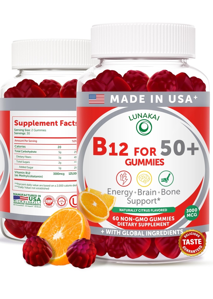 ルナカイUSAは大人50+のためのビタミンB12のグミー、エネルギー及びVitalityブースト、おいしいオレンジ味、60ctのための非GMO B12を作りました
