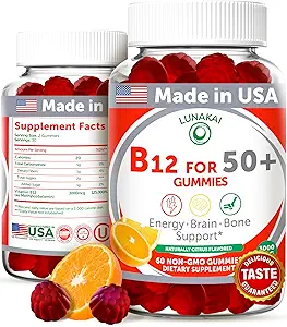 Lunakai USA Made Vitamin B12 Gummies for Adults 50+, Non-GMO B12 for Energy & Vitality Boost, Delicious Orange Flavor, 60ct