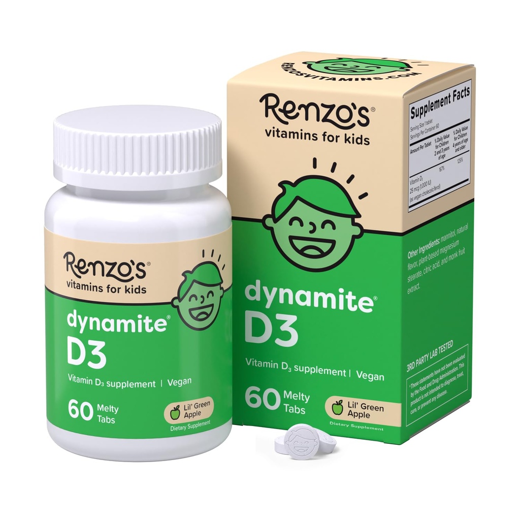 RenzoのDynmiteのビタミンD3の分解の子供のビタミンD3、60の砂糖なしのメルティー タブ、Lilの緑のAppleは味付けしました