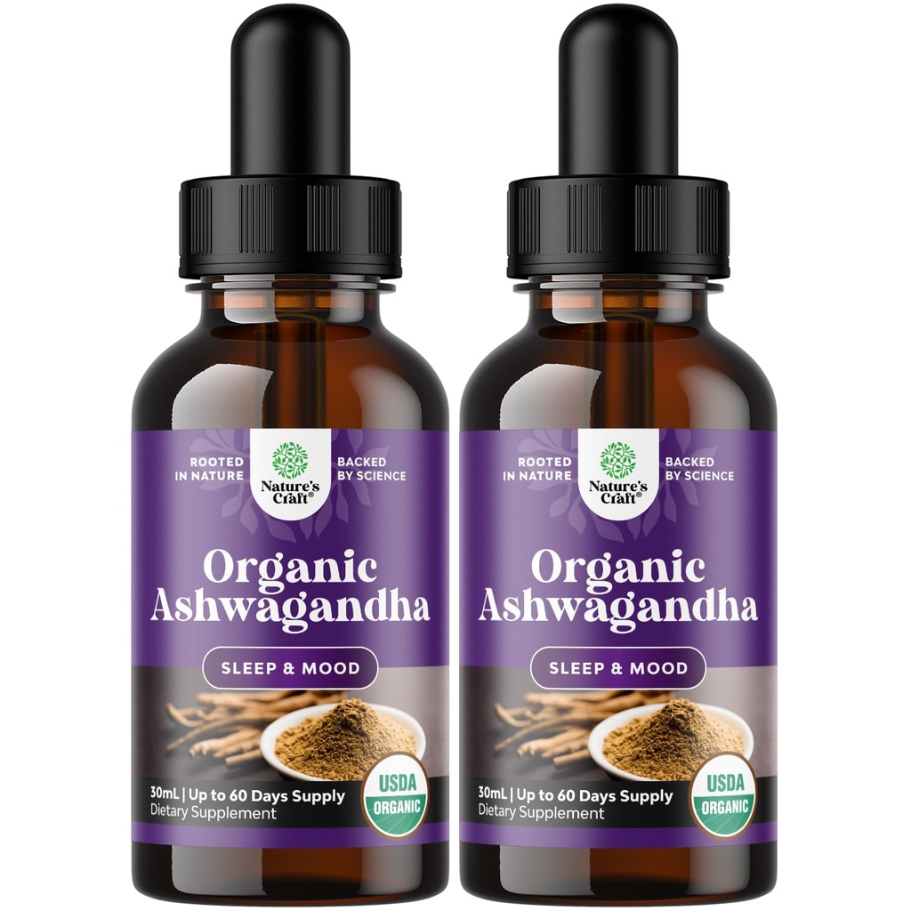 Natures Craft USDA Organic Ashwagandha Liquid Drops - ストレスと気分のサポートのための液体アシュワガンダルート抽出物 - Tasty Adaptogenic Tincture 非GMOビーガングルテンアルコールと砂糖無料(2パック)