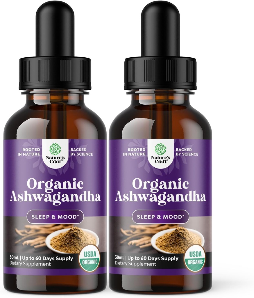 Natures Craft USDA Organic Ashwagandha Liquid Drops - ストレスと気分のサポートのための液体アシュワガンダルート抽出物 - Tasty Adaptogenic Tincture 非GMOビーガングルテンアルコールと砂糖無料(2パック)