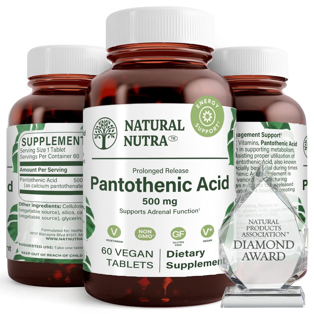 自然なNutraの時間解放のパントテン酸500のmgのビタミンB5の補足は脂肪および炭水化物、Metabolismおよびエネルギーを破壊し、筋肉健康を改善し、皮の点、60の菜食主義のタブレットを減らします