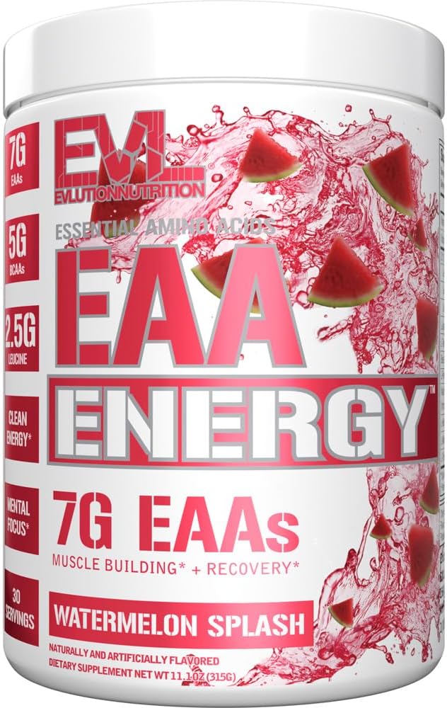 Evlution Nutrition EAAエナジー - プレ&ポストワークアウトパウダー - マッスルビルディング&リカバリサプリメント - 7gエッセンシャルアミノ酸+ 5g BCAA - クリーンエネルギー - カフェイン - 30サービング - ウォーターメロンスプラッシュ