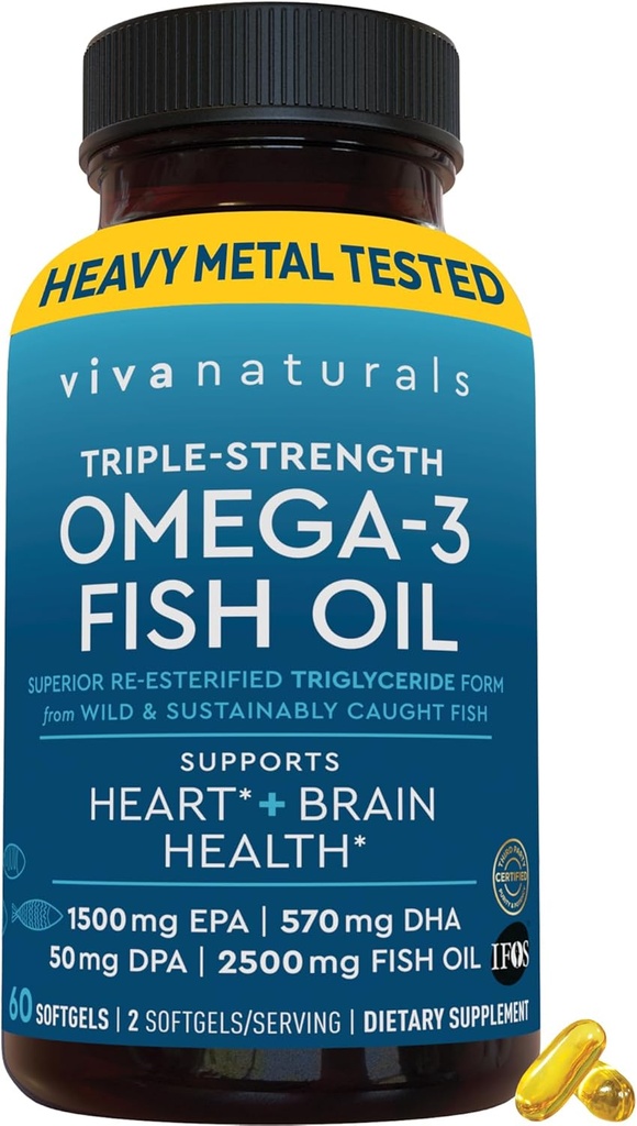 Viva Naturals Omega-3フィッシュオイル、トリプル強度、2500mg、60Softgels - EPA、DHA、DPAを含む再認定オメガ3脂肪酸 - Pascatarian-Friendly