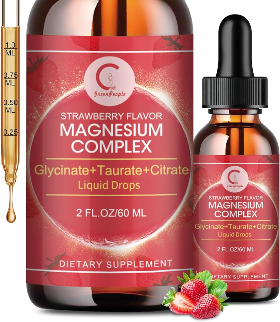 Triple Magnesium Complex Liquid Drops - Magnesium Glycinate Liquid Drops, Taurate & Citrate with L-theanine, Vitamin B6 for Sleep, Muscle, Immune Health, Vegan, Non-GMO, Strawberry Flavor, 2 Fl OZ