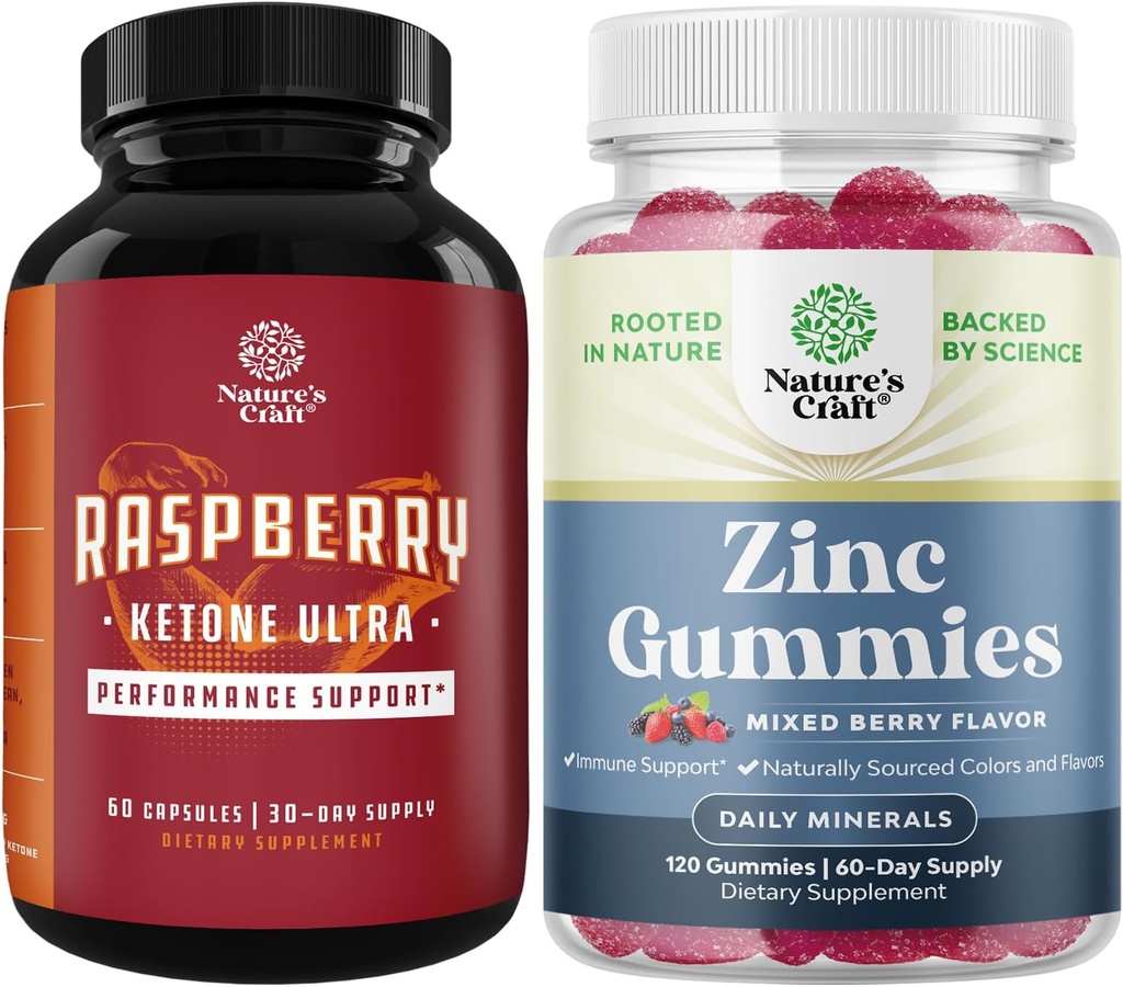 Bundle of Raspberry Ketones, Green Tea Extract & African Mango Blend and Extra Strength Zinc Gummies for Adults - Potent Ingredients to Speed Up Weight Loss, Gluten and Gelatin Free