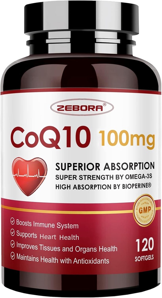 ZEBORA CoQ10-100mg-Softgels with PQ、BioPerine及びOmega-3、高吸収の補酵素Q10の補足、強力酸化剤、サポート中心及びエネルギー生産120のサービング、非GMO