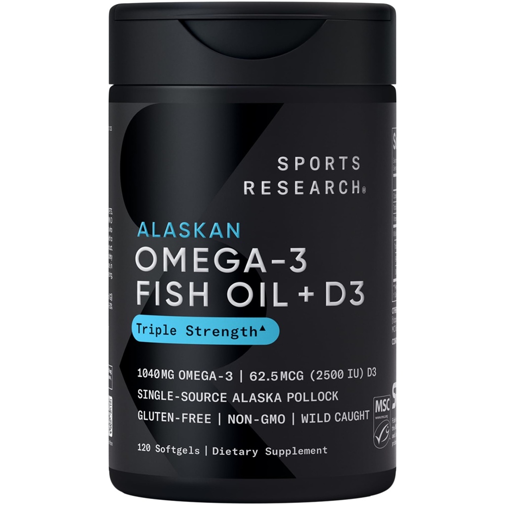 スポーツリサーチ®アラスカオメガ3フィッシュオイル1040mg +ビタミンD3 2500iu - サポート脳と心の健康 - MSC認定持続可能な・ワイルドキャッチ・非GMO・トリグリセリドフォーム - 120カウントSoftgels