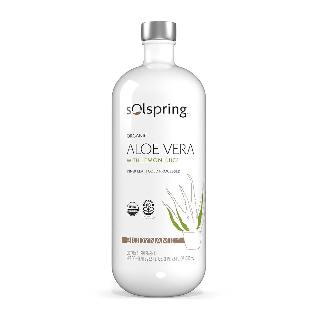Solspring Biodynamic Organic Aloe Vera Juice with Lemon, 23.6 Fl. Oz. (700 mL), Unpasteurized, Certified USDA Organic, Regenerative, Non-GMO, Gluten Free, Soy Free, Dr. Mercola
