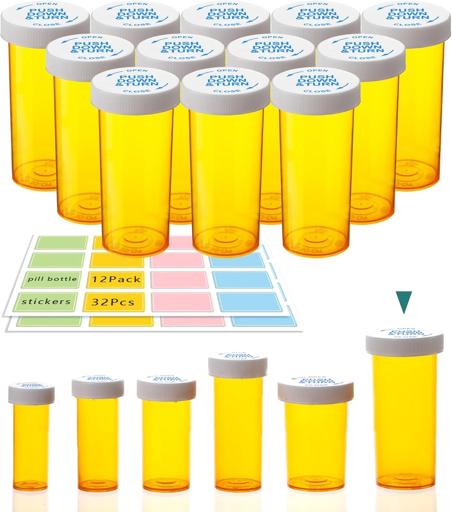 3.75oz Empty Pill Bottles with Child-Resistant Caps, 12 Pack - Large Capacity, Moisture-Proof, BPA-Free, with 32 Easy-Peel Labels for Organizing Pills, Vitamins, Supplements, Beads, and More