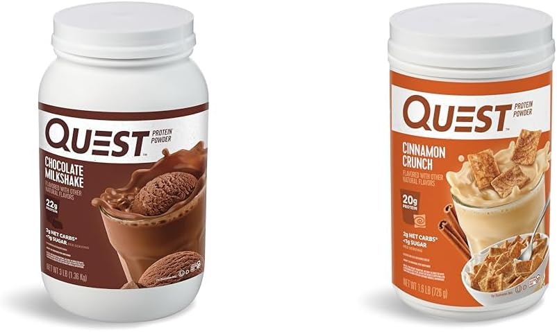 Quest Nutrition Chocolate Milkshake Protein Powder, 22g Protein, 1g Sugar, Low Carb, Gluten Free, 3 Pound, 43 サービング & Cinnamon Crunch Protein Powder, 20g Protein, 2g Net Carb, 1g Sugar