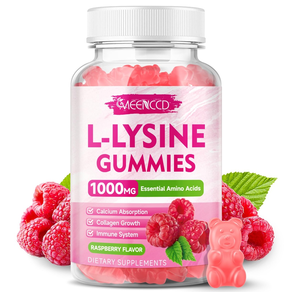 L-Lysine 1000mgグミー、大人&子供のためのリジンサプリメント、唇&経口健康のためのエッセンシャルアミノ酸サプリメント、ブースト免疫&コラーゲン&カルシウム、砂糖フリー、ラズベリー味、60カウント