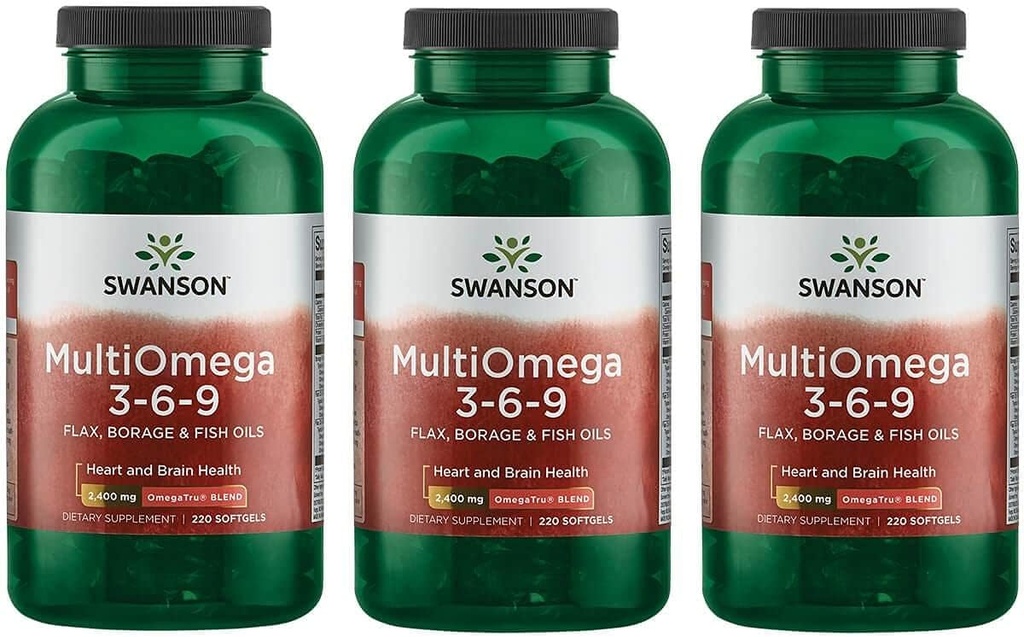 Swanson MultiOmega 3-6-9 - 非GMOフラックスオイル、ホラージオイル、'&'フィッシュオイルカプセル - エッセンシャル脂肪酸は心臓血管の健康をサポート '&' 脳の健康 - (220 Softgels、2400mgサービング) 3本のボトル