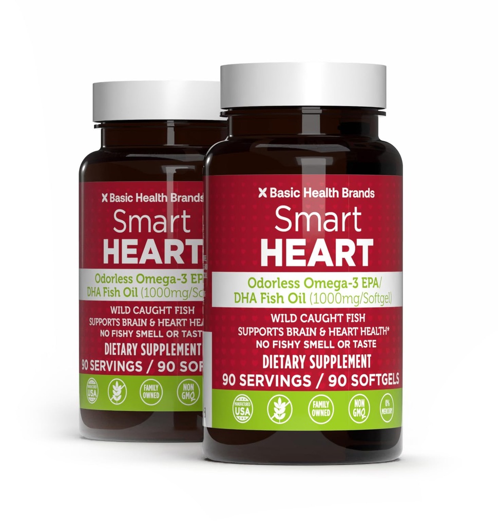 基本的なブランドスマートハート無臭オメガ-3フィッシュオイル1000mg - トリプル強度EPA&DHA、非GMO、ハート&認知サポート - 90バープレスSoftgels - 2-パック