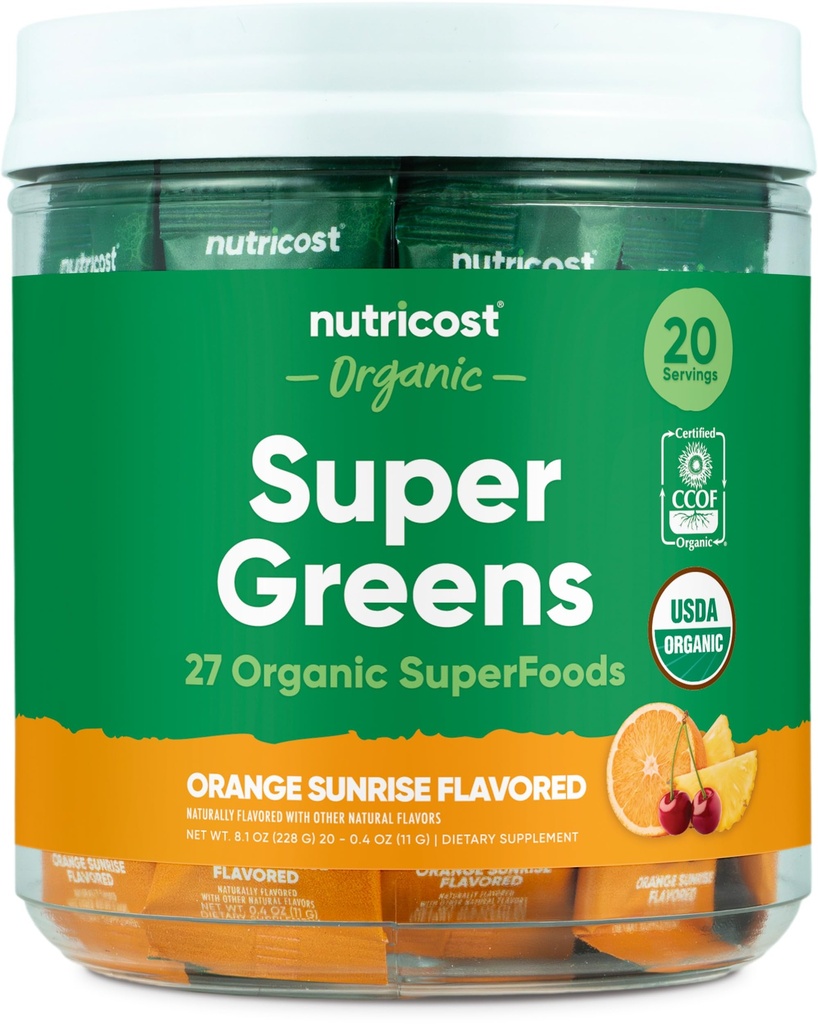 Nutricostオーガニックスーパーグリーン(オレンジサンライズフレーバー付き)20スティックパック - グルテンフリー、非GMO
