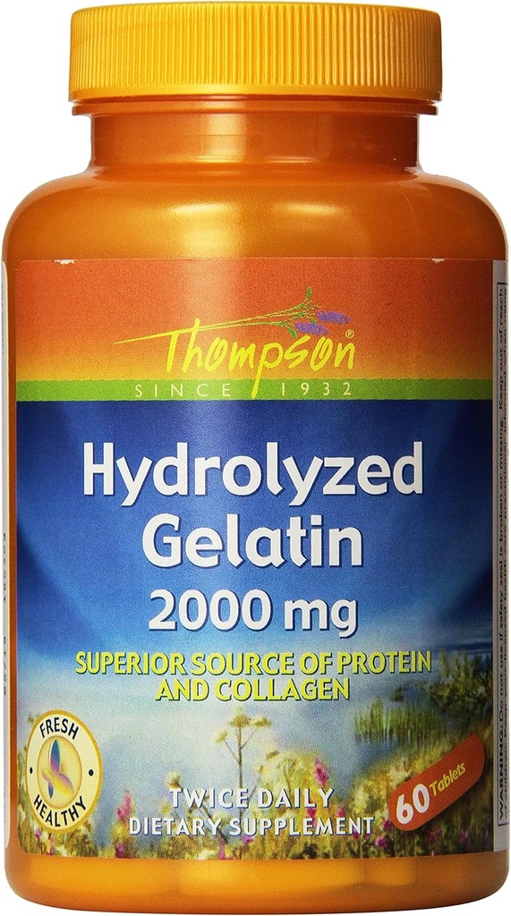Thompson Hydrolyzed Gelatin 2000mg | 健康な細胞及び釘サポートのためのホバイン ソース蛋白質及びコラーゲン | 高められた吸収 | 60のタブレット | 2のパック