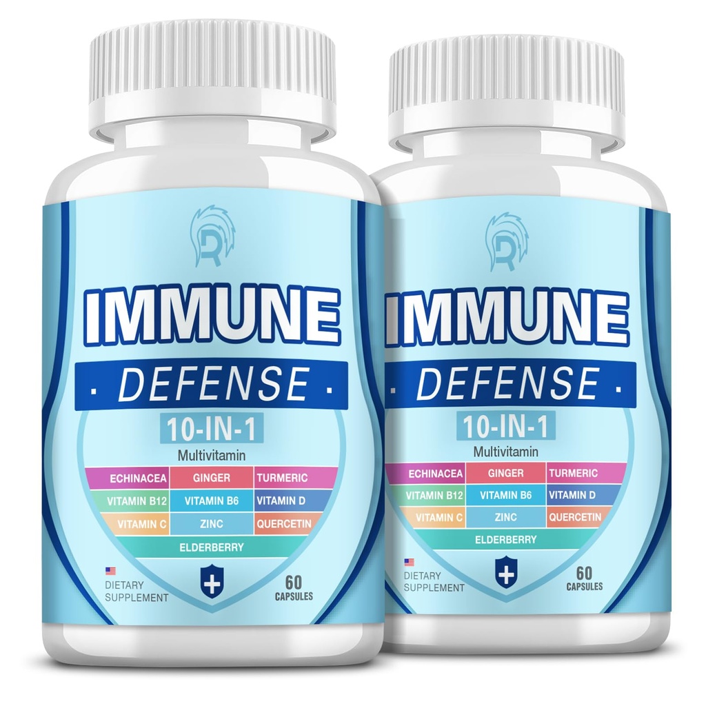 免疫サポートサプリメント、ビタミンC、B6、B12、VIT D、亜鉛、エキナセアターメリックElderberry免疫ブースターとビタミンC、10イン-1免疫防御 - 120カプセル(2パック)
