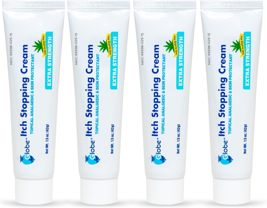 (4 Pack) Globe Extra Strength Itch Stopping Anti-Itch Cream 1.5 Oz with Histamine Blocker, Diphenhydramine HCl Topical Analgesic & Zinc Acetate Skin Protectant for Relief from Most Outdoor Itches