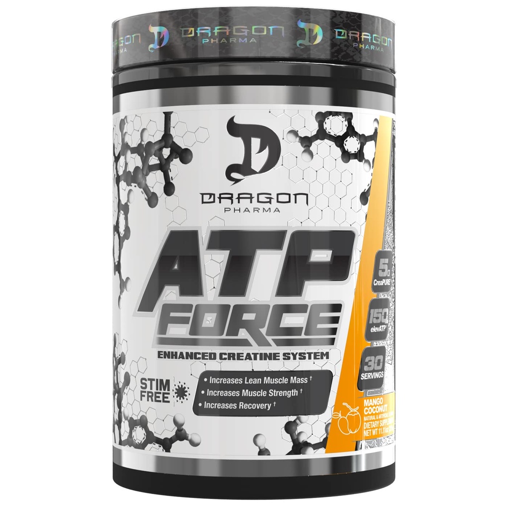 DRAGON PHARMA ATPフォースは、クレアチンシステムを強化しました, 刺激なし, リーンマッスルマスの増加 & 回復, 5 クレアのグラム, 血流を改善 (30 サービング, マンゴココナッツ)