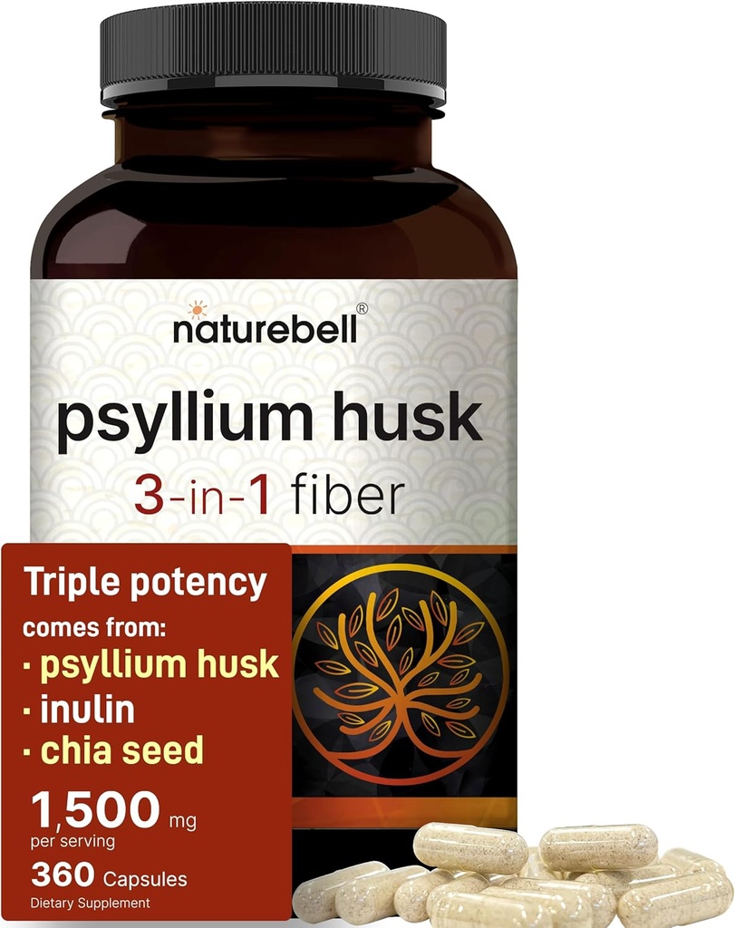 NatureBellのPsylliumのハスク繊維の補足、サービングごとの1,500mg、360のカプセルの インリン及びチアの種と 消化及び腸の健康のための有機性溶性繊維 非GMO、グルテンフリー植物ベースの