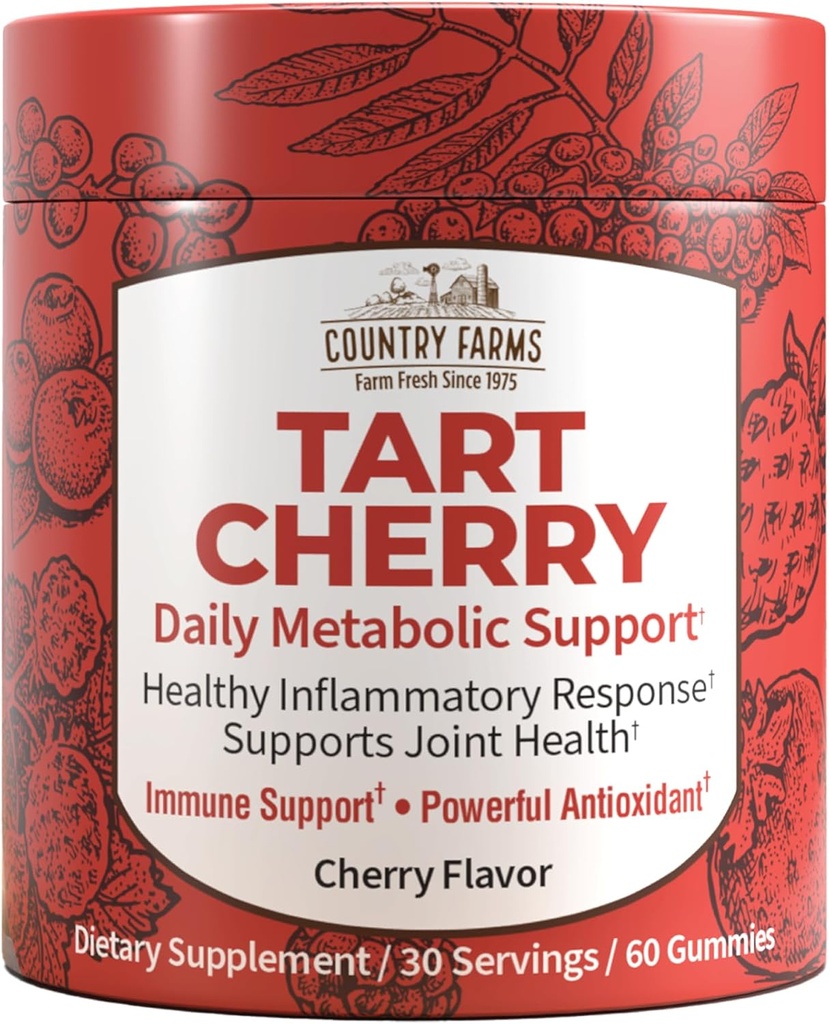 Country Farms Tart Cherry Gummies, Dialy Metabolic Support, Supports Bone Health, Packed with Potent Antioxidants, Cherry Flavor, 60 Gummies