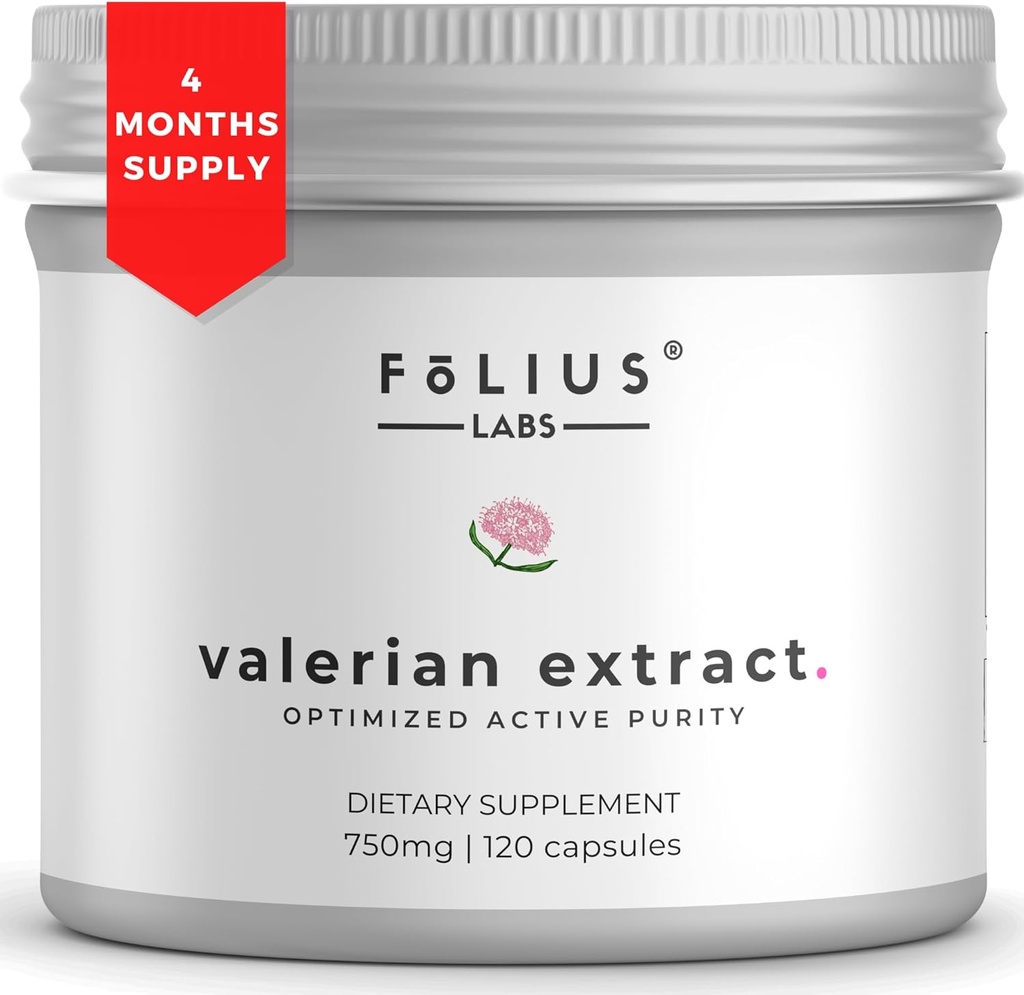 Valerian Root 4:1 Extract Capsules 750mg – Optimized Active Purity – 4X Concentration Valerian Root Extract Supplement - Gluten Free, Non-GMO - Promotes Relaxation - 120 Capsules