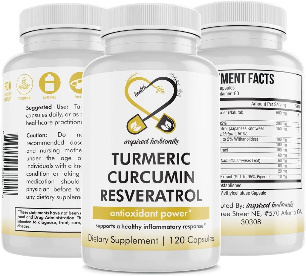 Turmeric Curcumin Resveratrol Nutritional Supplement, Antioxidant Properties, Supports Good Inflammation and Immune System, 120 Vegan Capsules