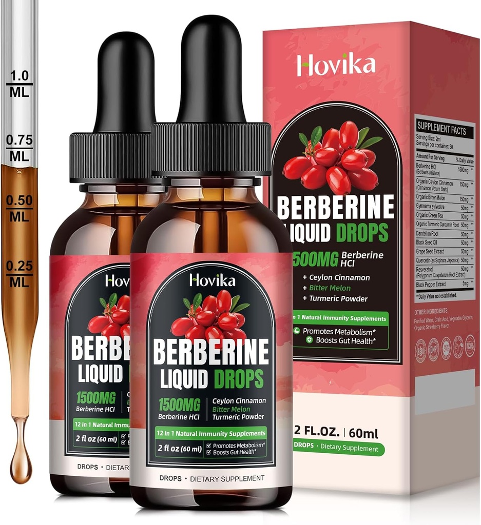(2 パック) ベルベリン HCL 液体ドロップ - 1500 mg 高吸収性 Berberine 液体ドロップ - Berberine Veggie サプリメント 免疫、消化システム、心臓の健康サポート、イチゴ味 - 4 FL Oz