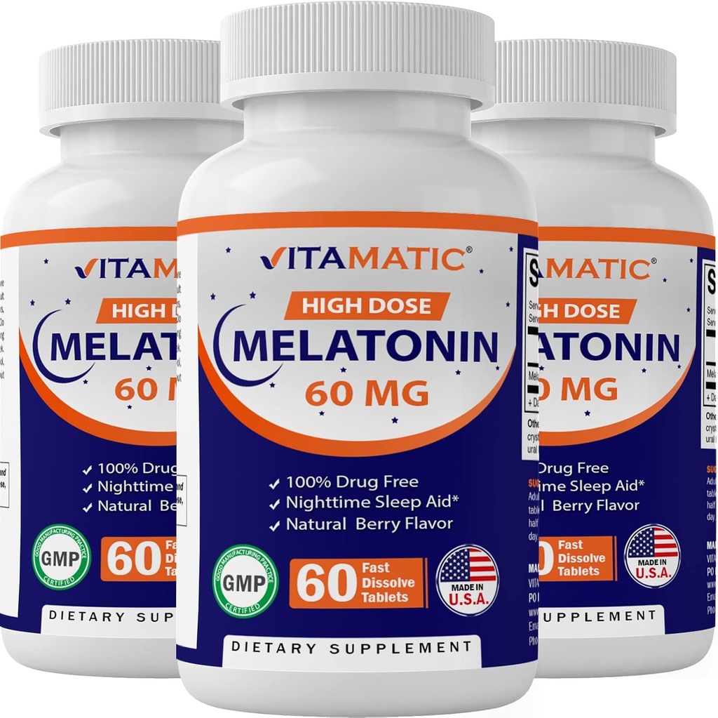 Vitamatic Melatonin 60のmgの速い分解のタブレット- 60のビーガン自然な果実味のタブレット-非GMOのグルテンフリーの3本のびんを形作る非習慣