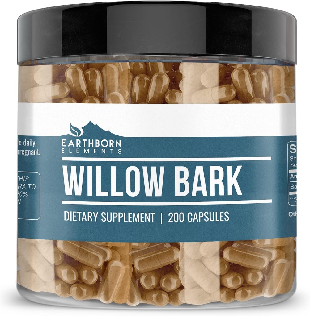 Earthborn Elements Willow Bark Extract (200 Capsules) Pure & Undiluted, No Additives