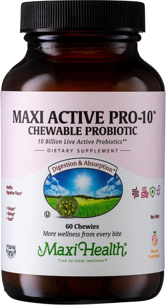 Maxi Health Active Pro-10 Kids Probiotic Chewables - 消化器・免疫の健康のための15の緊張 - 10億のプロバイオティックブレンド - 乳液フリー、コーシャ - Gut Health、ベジタリアン - 60カラット(Shelf Stable)をサポート