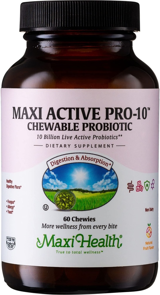 Maxi Health Active Pro-10 Kids Probiotic Chewables - 消化器・免疫の健康のための15の緊張 - 10億のプロバイオティックブレンド - 乳液フリー、コーシャ - Gut Health、ベジタリアン - 60カラット(Shelf Stable)をサポート