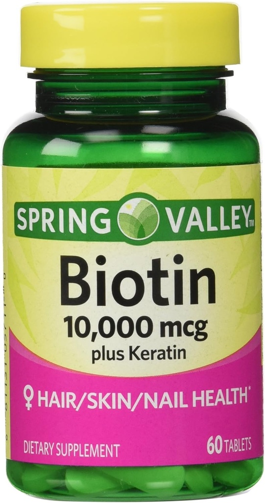 ばねの谷Biotinの食事療法の補足、100 Mgのケラチン、60のタブレットが付いている10,000 Mg
