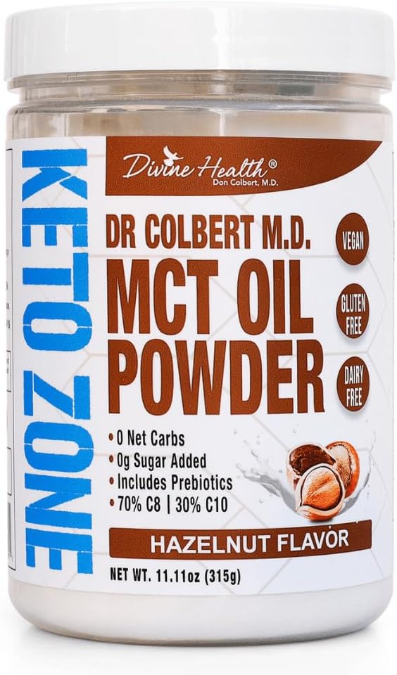 ダイvine Health Dr. Colbert、MD MCTオイルパウダー | ケトゾーンダイエットブックで推奨されるヘーゼルナッツ風味 | コーヒークリーム | 70% C8 30% C10 | 0 ネット炭水化物 | 30 日供給 | 330 G