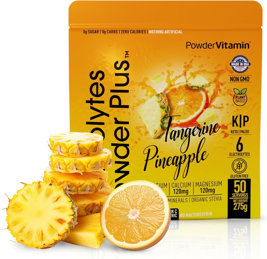PowderVitamin の電解質の粉のプラス(50 のサービング) タンジェリンのパイナップル 電解質の粉 0 Calorie Keto、0 砂糖、Maltodextrin、1000mg カリウム、120mg マグネシウム、水和の粉無し