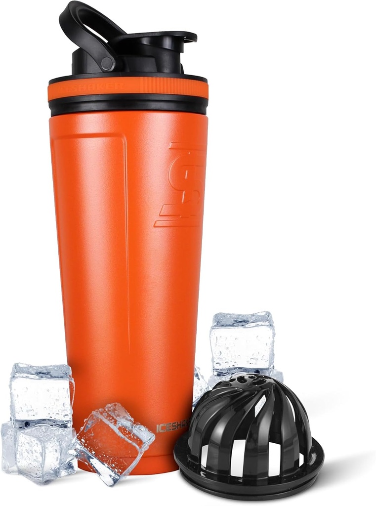 アイスシェーカー絶縁ステンレスシェーカーボトル | 36oz, オレンジ | 30時間冷やす | ツイストオン攪拌機付き絶縁カップ | たんぱく質シェイクス、水、スムージー、カクテル用無臭ボトル