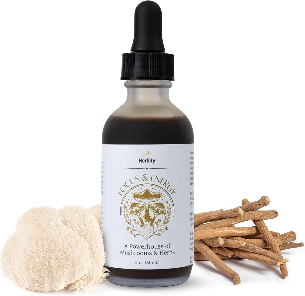 Focus & Energy Natural Mushroom Tincture - Adaptogenic Mushroom Drops & Organic Unique Custom Blend - Supplement for Immune Boost, Balance, Calm, Cognitive Support, and Stress (2oz)