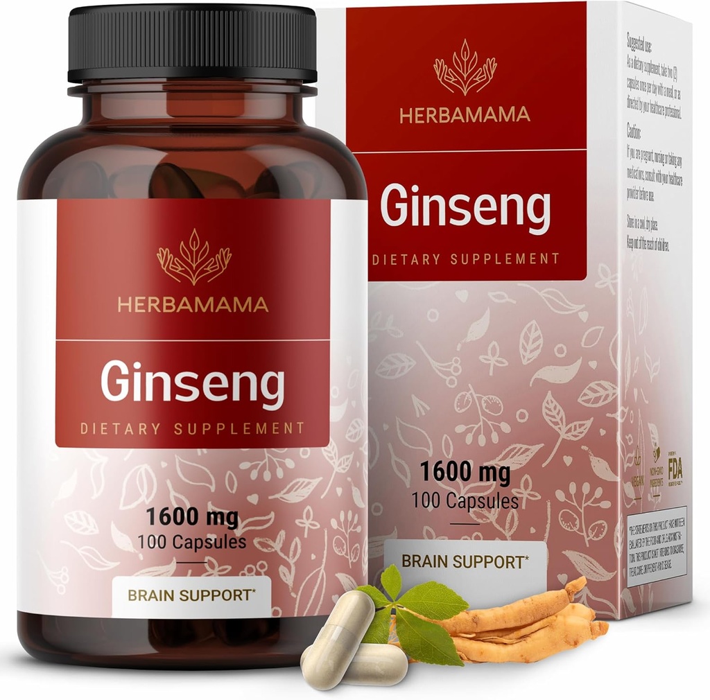 HERBAMAMA韓国のPanaxのGinsengのカプセル-1600mgの赤いGinsengの根-ビーガン、非GMOの韓国の赤いPanax、100の帽子