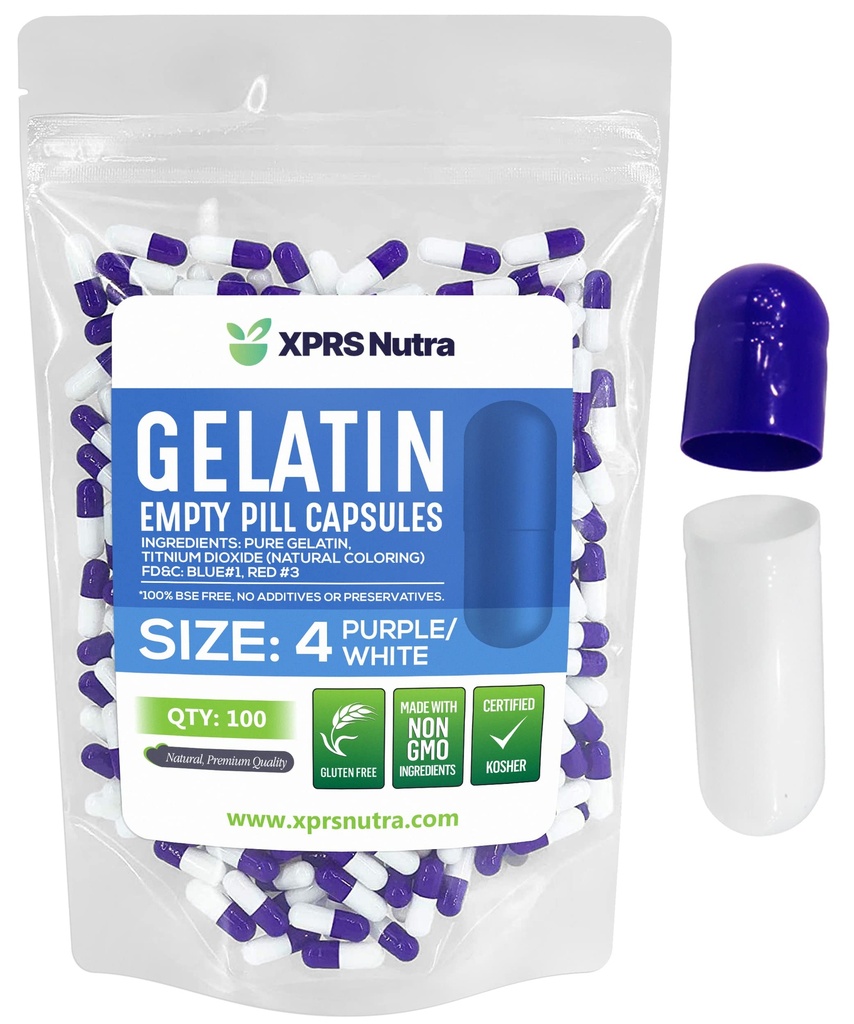 XPRS Nutraのサイズ4の空のカプセル-100の計算の小さい空のゼラチンのカプセル-Pills DIYのカプセルの詰物- Do-It-Yourselfの補足のための満たされた純粋な牛の丸薬のゲルの帽子(Purple/White)