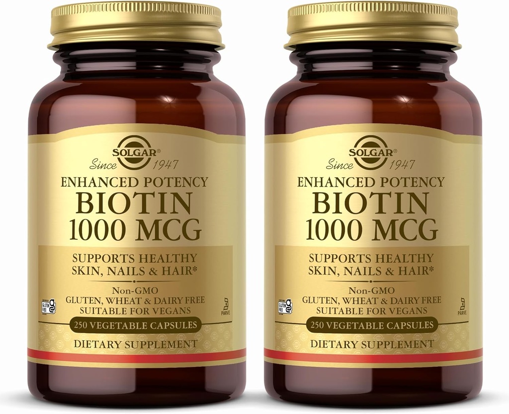 Solgar Biotin 1000 mcg, 250 野菜カプセル (パッケージ 2) - ヘルシースキンをサポート, ネイル&ヘア - エネルギー代謝 - 高められた効力 - 非GMO, 完全菜食主義者, グルテンフリービーガン, 乳製品無料, コーシャ - 500 サービング