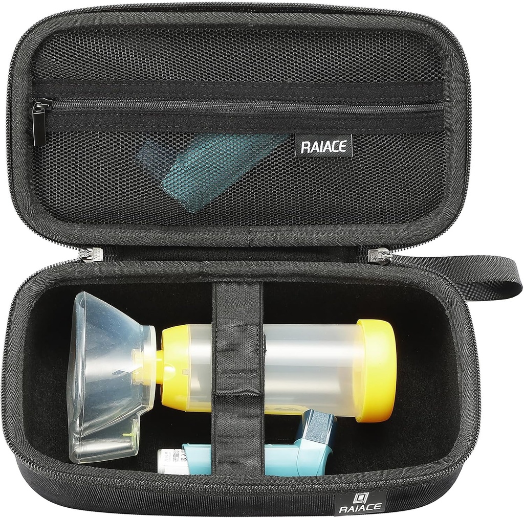 RAIACEの堅い旅行貯蔵の箱は喘息の吸入器、薬および付属品のための網のポケットが付いている吸入器のホールダーの喘息袋と互換性がある。 (ケースのみ) - ブラック