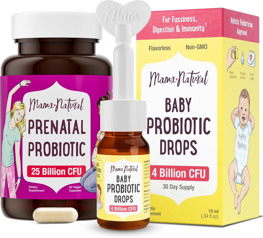 Mama Natural Prenatal Probiotic & Baby Probiotic Drops Bundle – Gut, Vaginal & Immune Support for Mom + Digestive Comfort for Baby with Infant Probiotics – Bundle & Save