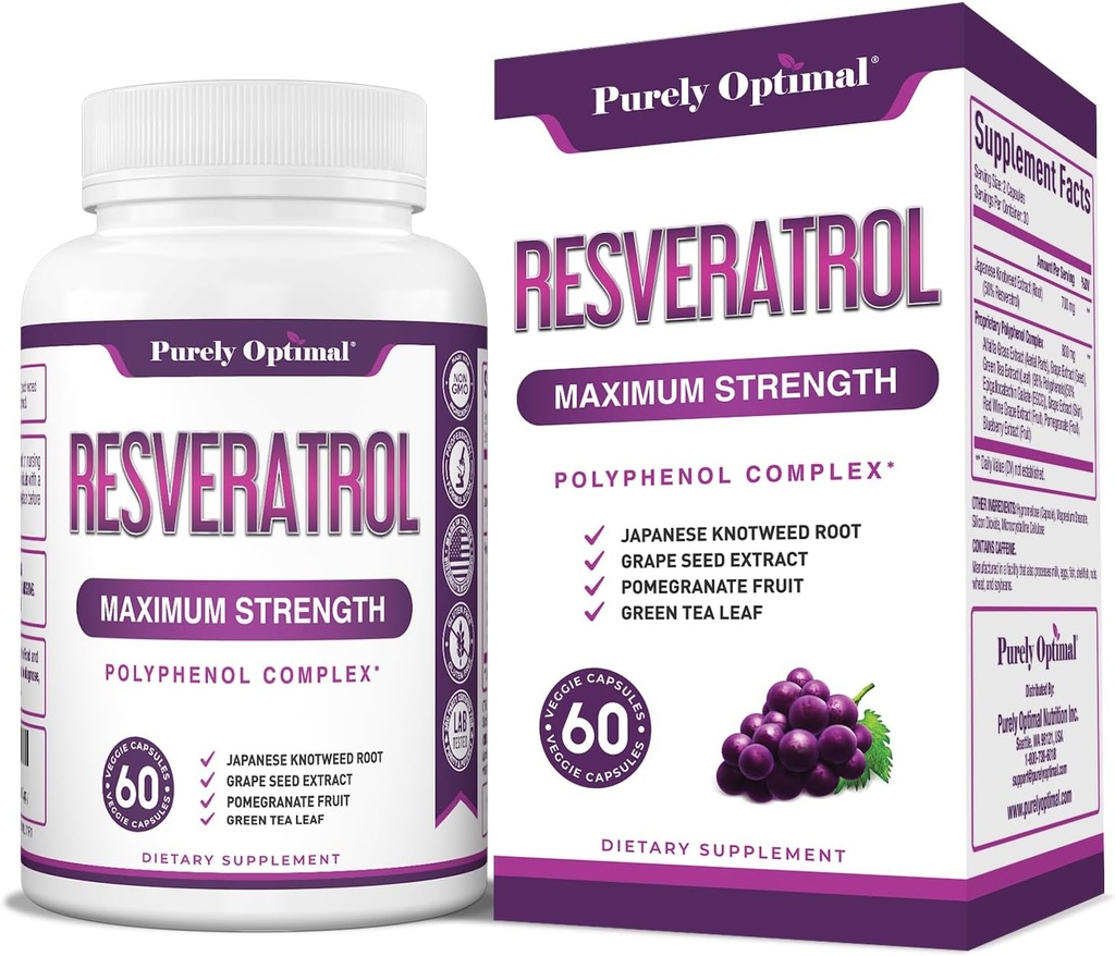 純粋に最適レスベラトロールサプリメント1500mg - 日本ノットイード、ポリフェノールコンプレックスからのトランスレスベラトロール - グレースフルエイジング、バイタリティ、認知&皮膚の健康をサポート - 60ビーガンカプセル
